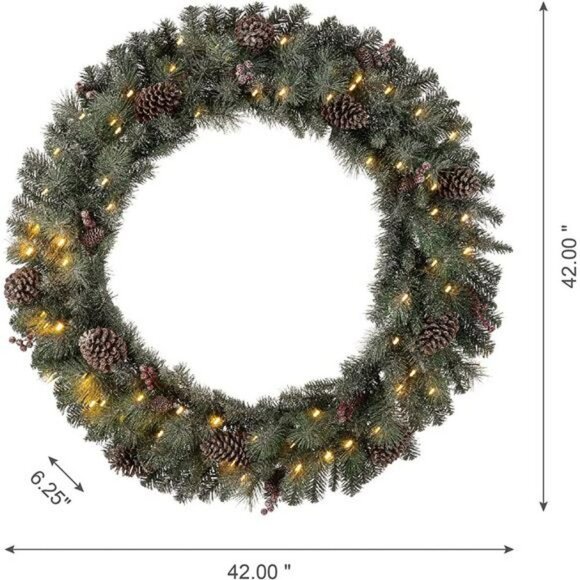 42" D Oversized Pre-Lit Christmas Wreath with 70 Warm White Lights - Picture 2 of 7